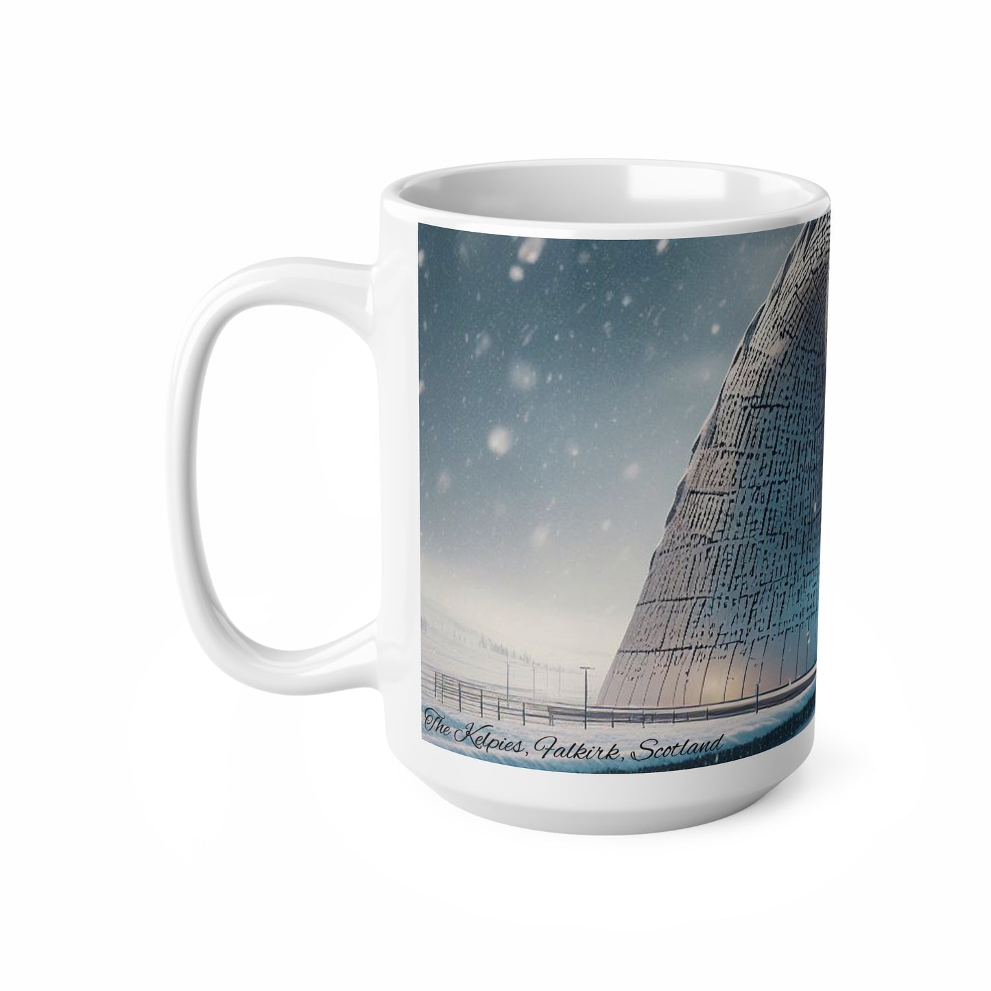 Kelpies in Winter Mug, Scottish Landmarks, Scottish Art, Coffee Cup, Tea Cup, White