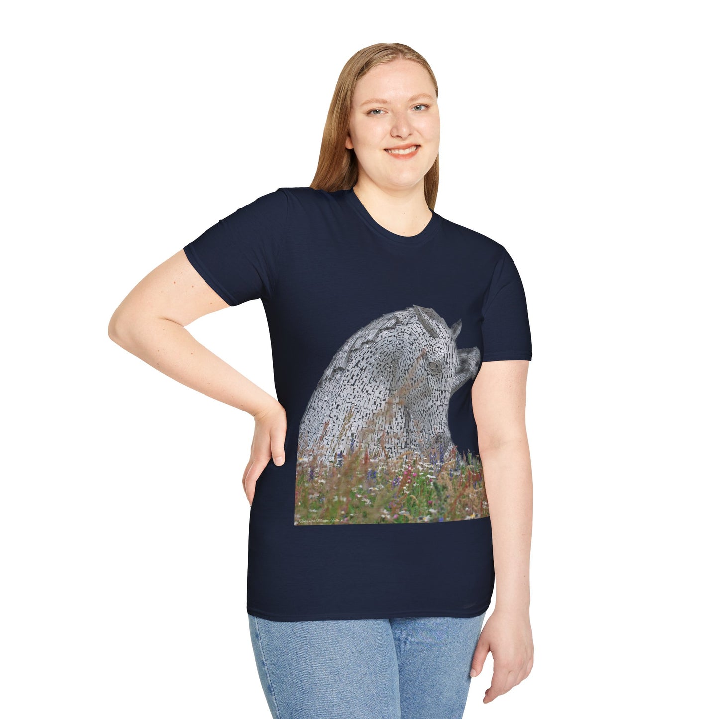 Kelpies with Meadow No Sky Photo Softstyle T-Shirt, Unisex Tee, Scottish Landmarks, Various Colours