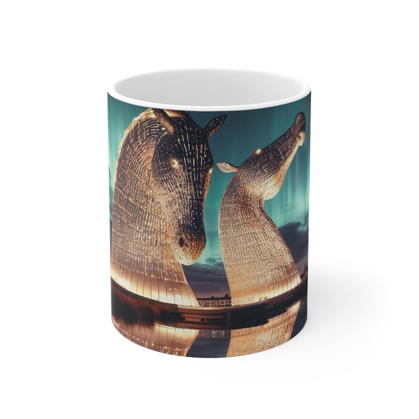 Kelpies Northern Lights Mug, Coffee Cup, Tea Cup, Scottish Art, Scottish Landmarks, Scottish Nature, White