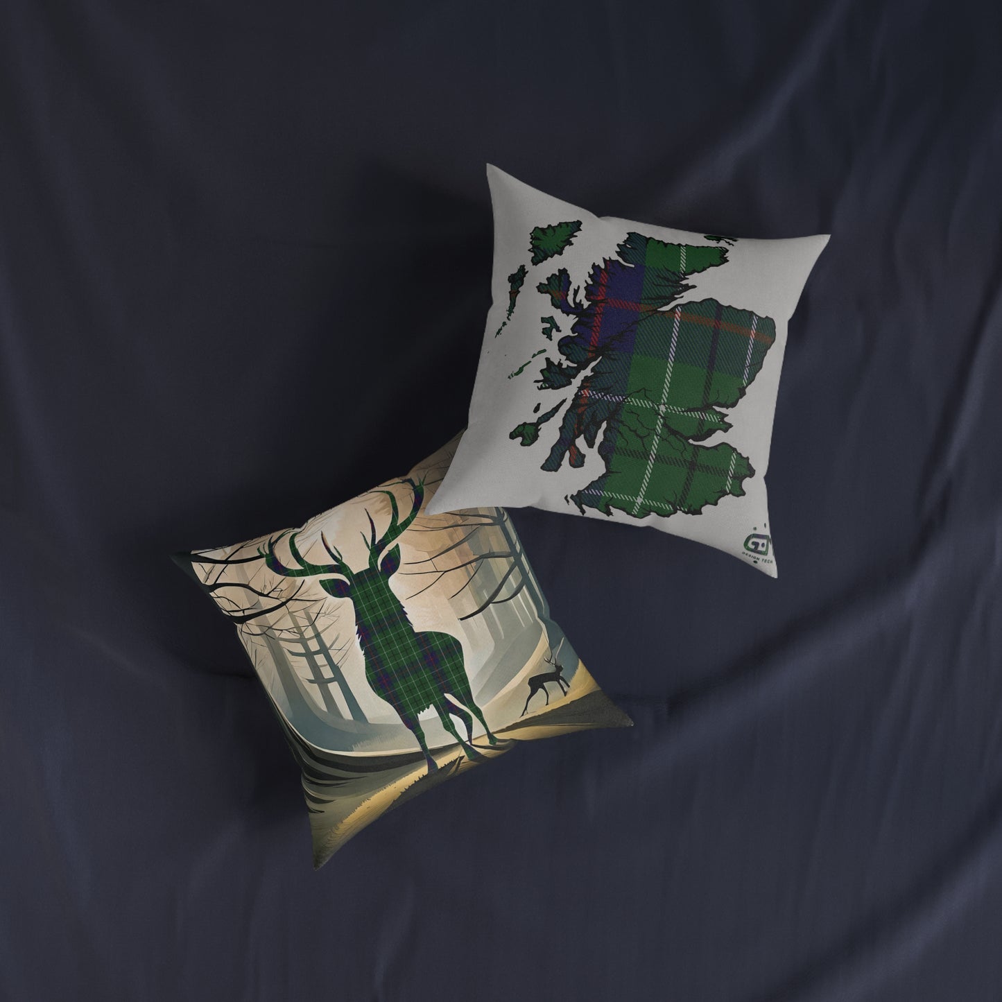 Reversible Square Cushion : Stag / Scotland Map - Duncan Tartan, Various Sizes