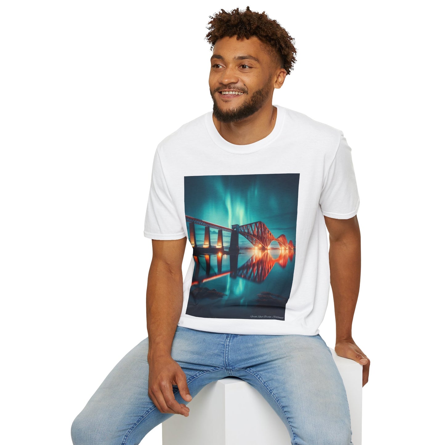 Forth Rail Bridge with Northern Lights Softstyle Unisex T-Shirt, Scotland Tee