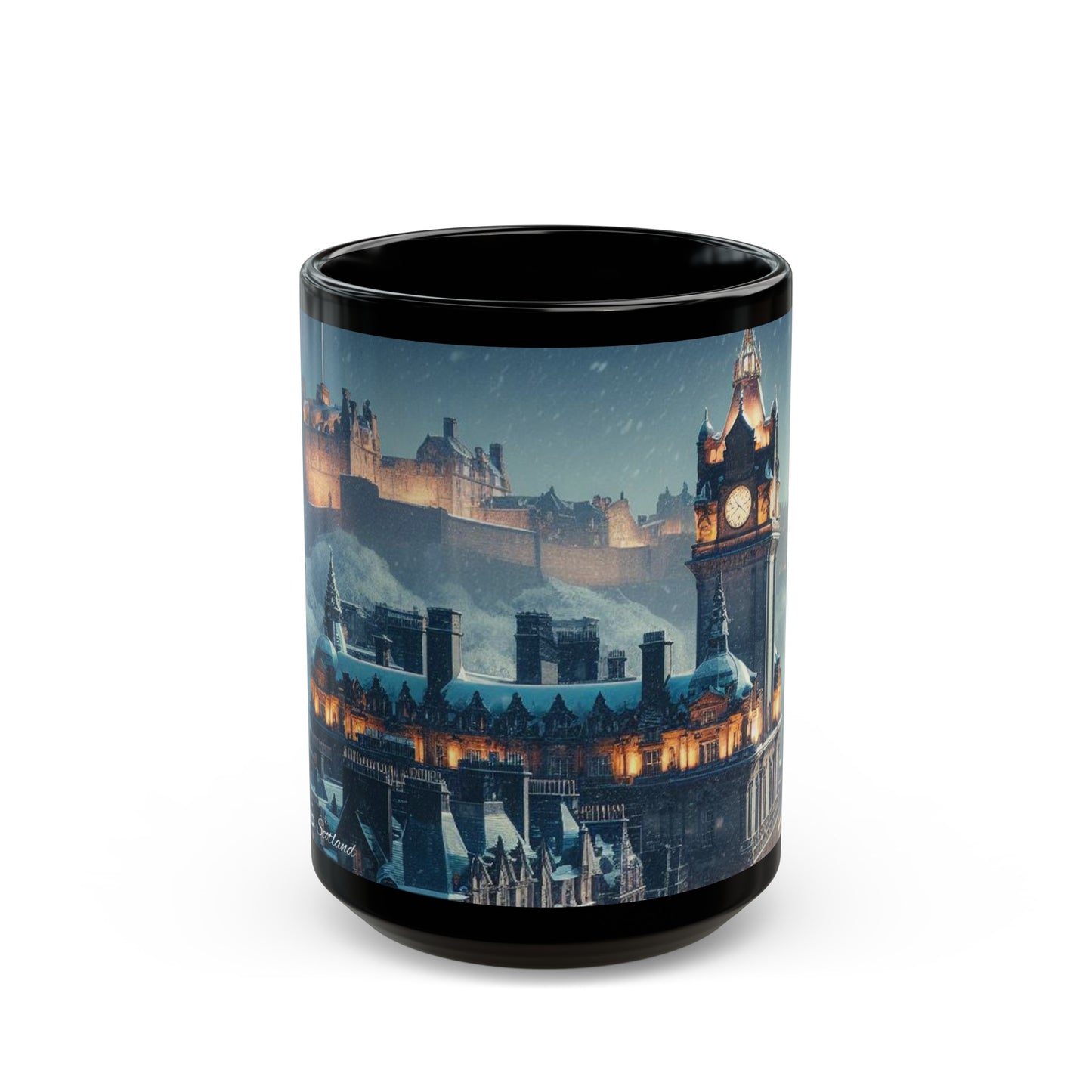 Edinburgh in Winter Mug, Coffee Cup, Tea Cup, Scottish Art, Scottish Landmarks, Scottish Nature, Black