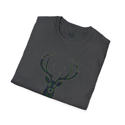 Tartan Stag Softstyle T-Shirt - Black Watch Tartan, Unisex Tee, Scottish Scenery, Various Colours