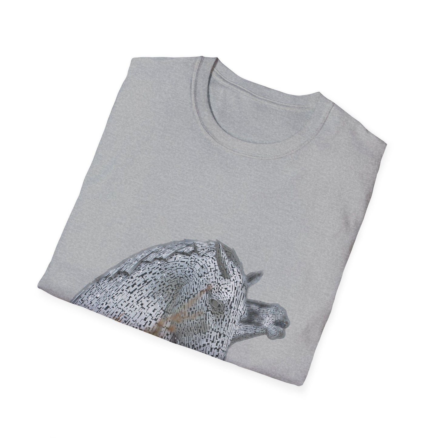 Scottish Kelpies with Meadow No Sky Photo Softstyle Unisex T-Shirt, Scotland Tee