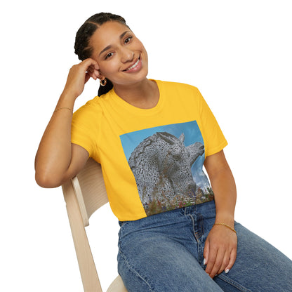 Kelpies with Meadow Photo Softstyle Unisex T-Shirt, Scottish Tee