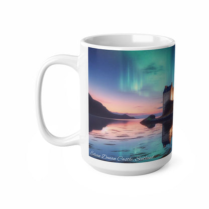 Eilean Donan Castle Northern Lights Mug, Coffee Cup, Tea Cup, Scottish Art, Scottish Landmarks, Scottish Nature, White