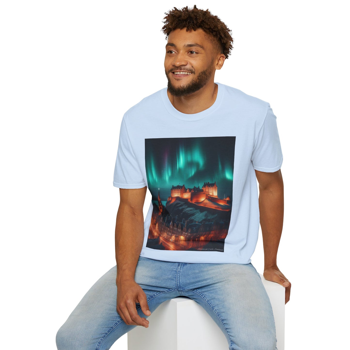 Edinburgh Castle with Northern Lights Softstyle Unisex T-Shirt, Scotland Tee