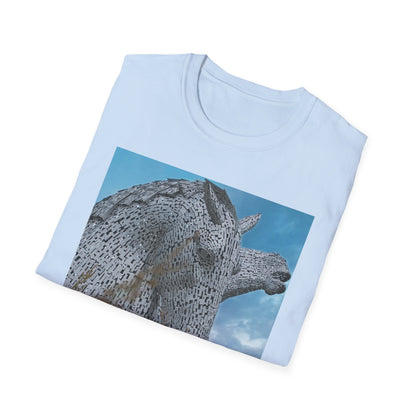 Scottish Kelpies with Meadow Photo Softstyle Unisex T-Shirt, Scotland Tee