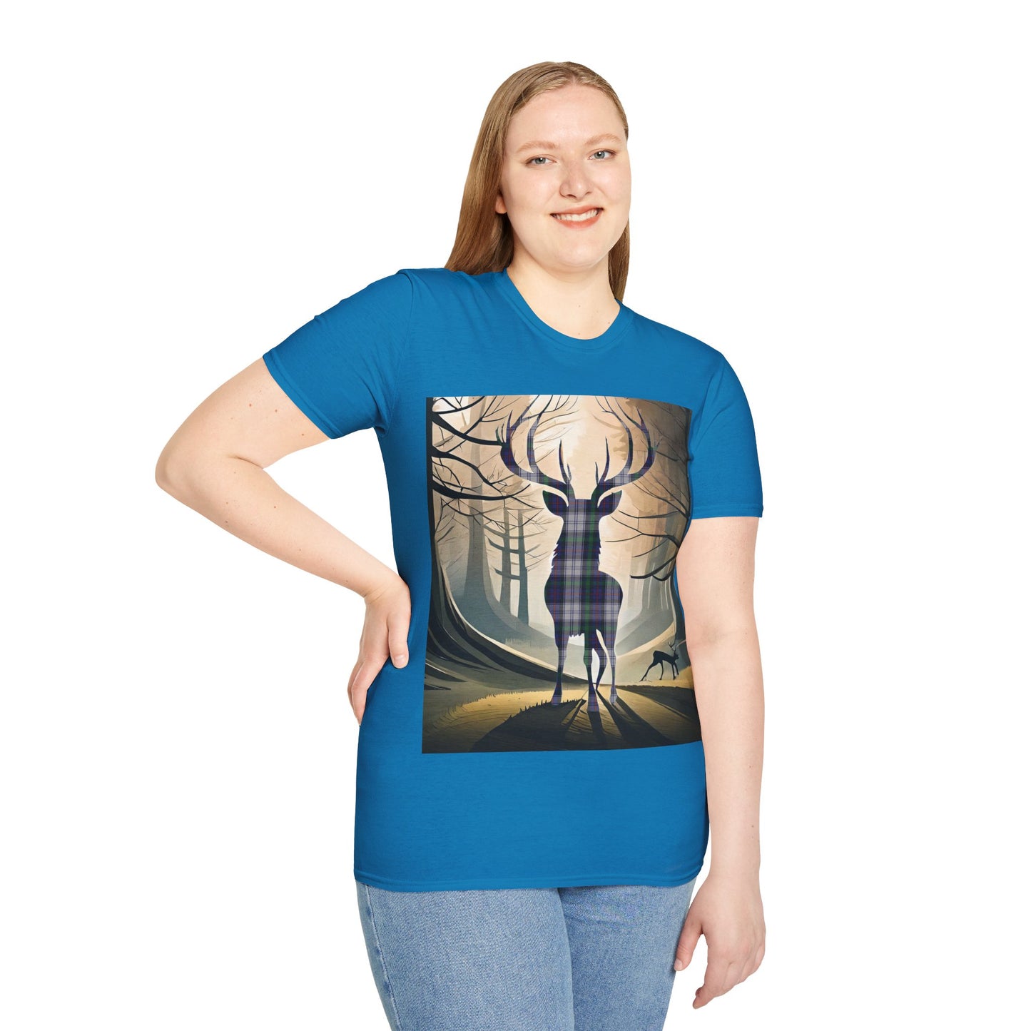 Stag Tartan Silhouette Softstyle T-Shirt - Argyle Dress Tartan, Unisex Tee, Scottish Scenery, Various Colours