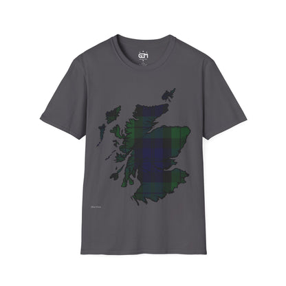 Scotland Tartan Map Softstyle Unisex T-Shirt, Black Watch Tartan, Various Colours