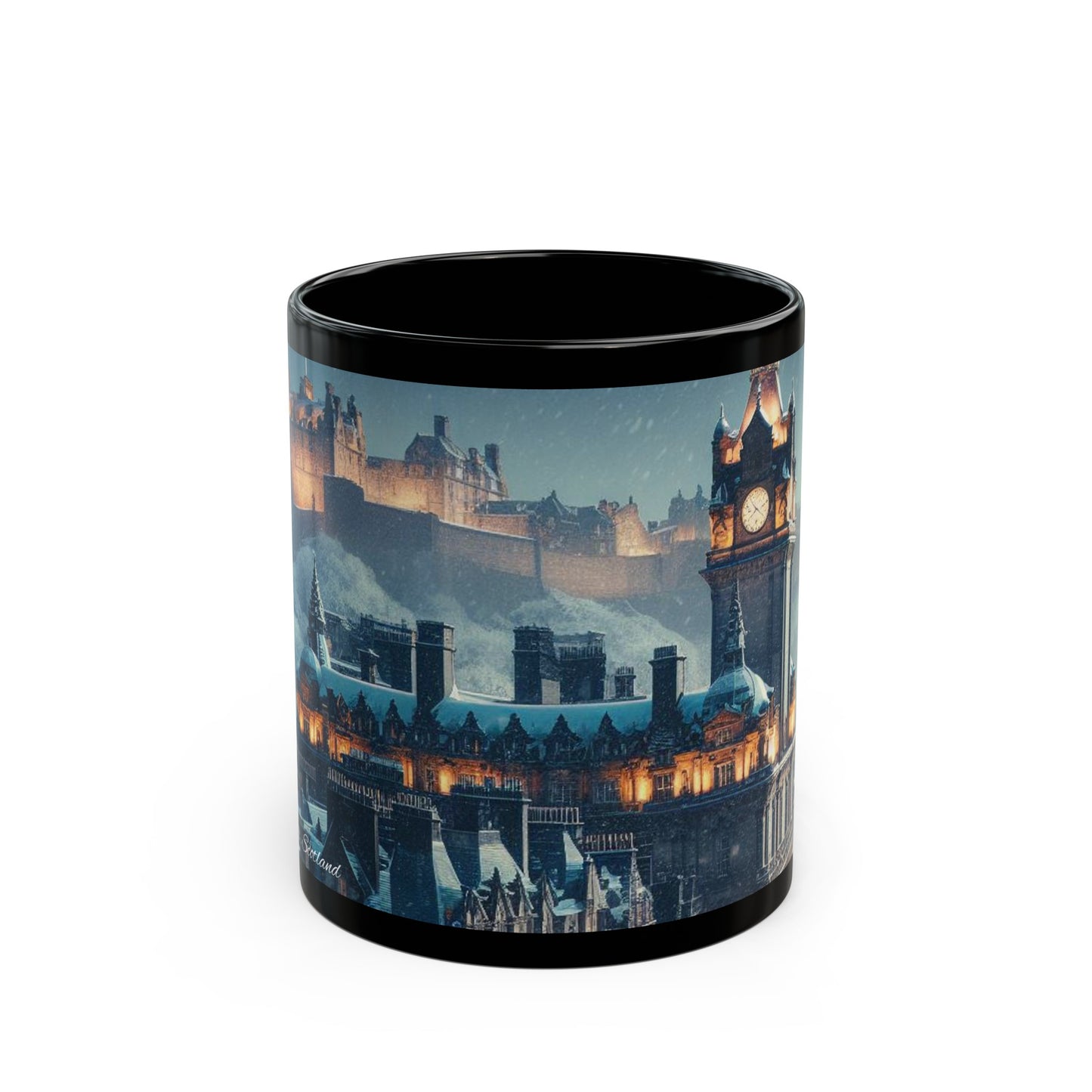 Edinburgh in Winter Mug, Coffee Cup, Tea Cup, Scottish Art, Scottish Landmarks, Scottish Nature, Black